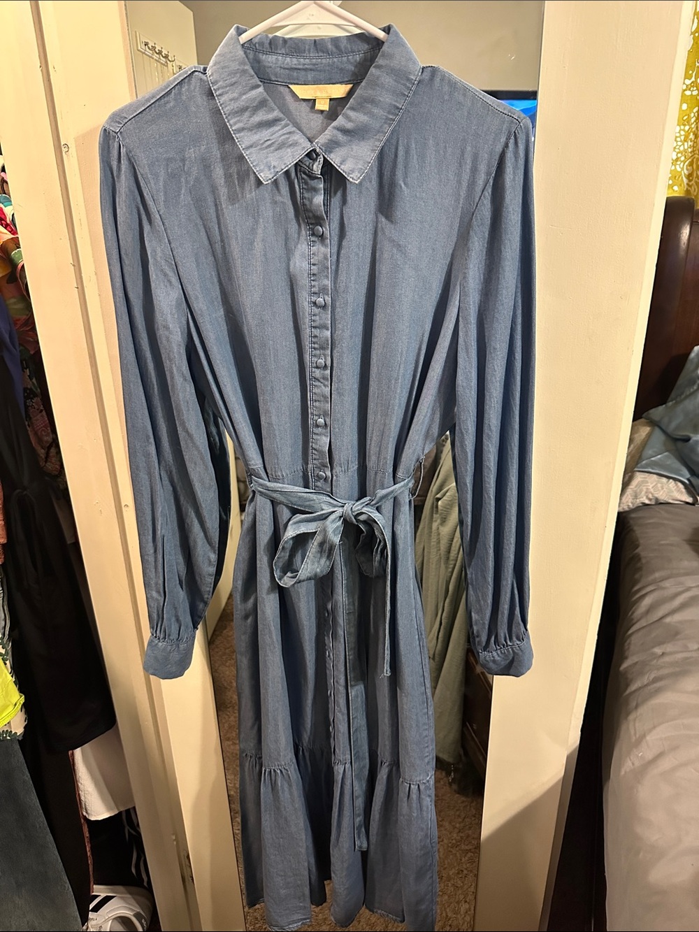 Button-Front Long Sleeve Chambray Dress with Waist Tie - Blue